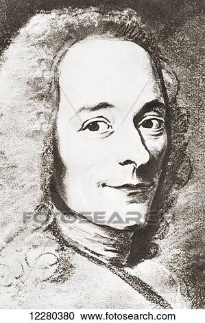 Stock Image - François-Marie Arouet, 1694 –1778 aka by his nom de plume Voltaire. French Enlightenment writer, historian and philosopher. After a contemporary work.. Fotosearch