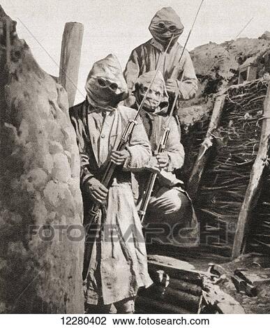 French infantrymen during World War One wearing respirators, to protect them against German poison gas, and overalls which are coloured to render the men indistinguishable from the soil of the trenches. From The Illustrated War News, published1915. View Large Photo Image Stock Image - French infantrymen during World War One wearing respirators, to protect them against German poison gas, and overalls which are coloured to render the men indistinguishable from the soil of the trenches. From The Illustrated War News, published1915.. Fotosearch