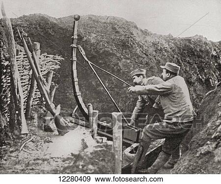 French soldiers using a catapult for flinging bombs during World War One. From The Illustrated War News, published 1915. View Large Photo Image Stock Photo - French soldiers using a catapult for flinging bombs during World War One. From The Illustrated War News, published 1915.. Fotosearch