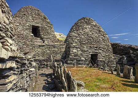 Stock Photograph - Graveyard and oratory, Skellig Michael, Wild Atlantic Way; Skellig Michael, County Kerry, Ireland. Fotosearch