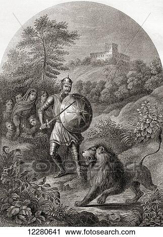 Stock Image - Greatheart defending Christiana in the valley. From The Pilgrim's Progress by John Bunyan. 19th century print.. Fotosearch