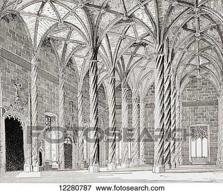 Stock Photo - Hall of Columns in the Silk Exchange, Valencia, Spain. From Kunstgeschichte In Bildern, published 1902.. Fotosearch