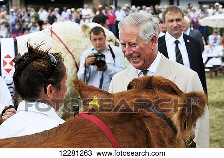 Stock Image - His Royal Highness Charles meeting farmers at the 2013 Royal Welsh Show; Wales. Fotosearch