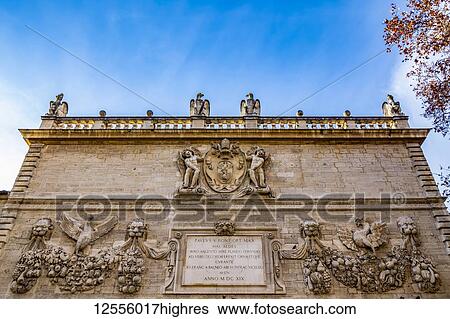 Stock Photograph - Historic monument with plaque; Avignon, Provence Alpes Cote d'Azur, France. Fotosearch