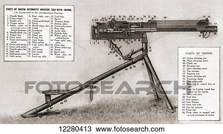 Stock Image - Illustration showing the parts of a Maxim automatic machine gun with tripod. From The Illustrated War News, published 1915.. Fotosearch