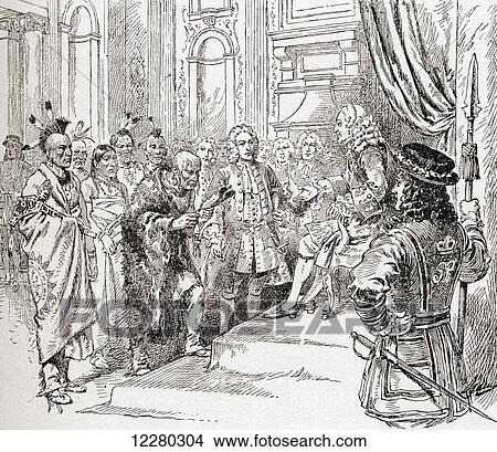 Picture - James Oglethorpe visiting Britain in 1735 with a delegation of Cherokee to meet King George II and his family at Kensington Palace. From The History of Our Country, published 1900.. Fotosearch