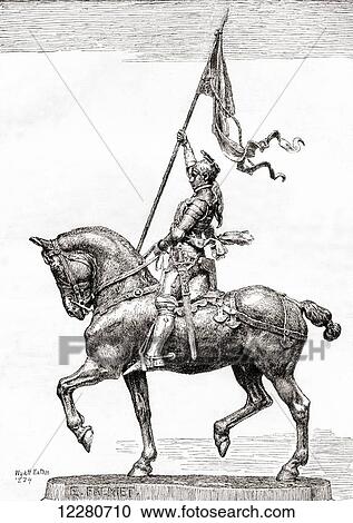 Stock Image - Jeanne d'Arc, a gilded bronze equestrian sculpture of Joan of Arc by Emmanuel Frémiet, 1824 – 1910, located in Place des Pyramides, Paris, France. From The Century Magazine, published 1887.. Fotosearch