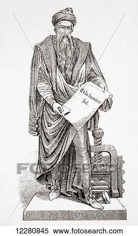 Stock Photography - Johannes Gutenberg circa 1398 to 1468. He introduced printing to Europe and invented mechanical moveable type. From L'Histoire Universelle Ancienne et Moderne, published in Strasbourg circa 1860.. Fotosearch