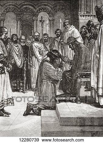 Stock Photo - John paying homage to the legate of Pope Innocent III in 1213. John, 1166 –1216, aka John Lackland, King of England. From Cassell's History of England, published c. 1901. Fotosearch