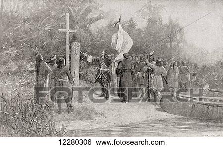 Stock Photograph - La Salle claiming the entire Mississippi River basin for France in 1682. René-Robert Cavelier, Sieur de La Salle, or Robert de La Salle, 1643 – 1687. French explorer. From The History of Our Country, published 1900.. Fotosearch