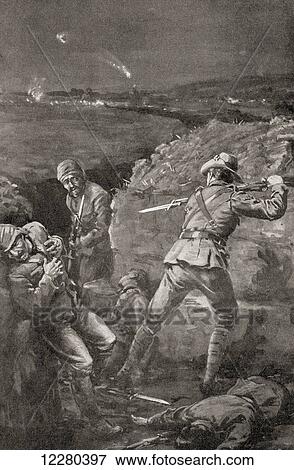 Stock Photo - Lance Corporal Jacka beats off the enemy with his bayonet duriing the Gallipoli campaign of World War One, 1915. Albert Jacka, VC, MC & Bar, 1893 – 1932. Australian recipient of the Victoria Cross. From Deeds That Thrill The Empire, published 1919.. Fotosearch