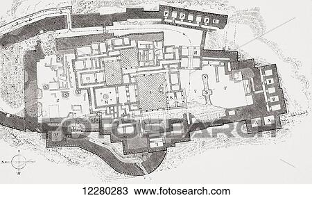 Stock Image - Late 19th century ground plan of Tiryns, Argolis, Peloponnese, Greece. After Wilhelm Dörpfeld. From Kunstgeschichte In Bildern, published 1902.. Fotosearch