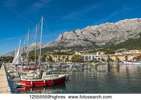 Stock Photograph - Makarska harbour, Makarska Riviera; Makarska, Dalmatia, Croatia. Fotosearch
