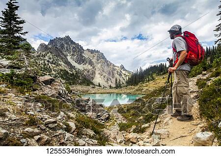 Stock Photograph - Male hiker taking in the view of the upper Royal Basin, Mount Clark and The Needles, Olympic Mountains, Olympic National Park; Washington, United States of America. Fotosearch