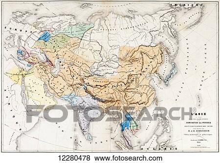 Stock Photo - Map of Asia at the time of the greatest extent of the domination of the Mongols in the reign of Kublai Khan. Born 1215, he ruled from 1260 until his death in 1294. From L'Histoire Universelle Ancienne et Moderne, published in Strasbourg circa 1860.. Fotosearch