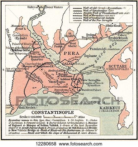 Map of Constantinople in the 15th century. From Historical Atlas, published 1923. View Large Photo Image Stock Photo - Map of Constantinople in the 15th century. From Historical Atlas, published 1923.. Fotosearch