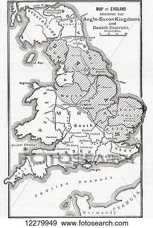 Stock Photo - Map of England showing the Anglo-Saxon kingdoms and Danish districts in the first century. From Cassell's History of England, published c. 1901. Fotosearch