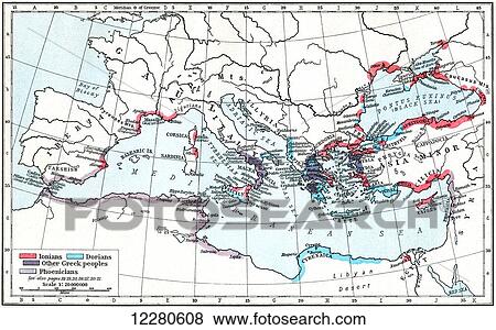 Map of Greek and Phoenician settlements in the Mediterranean basin c. 550 B. C. From Historical Atlas, published 1923. View Large Photo Image Stock Photo - Map of Greek and Phoenician settlements in the Mediterranean basin c. 550 B. C. From Historical Atlas, published 1923.. Fotosearch