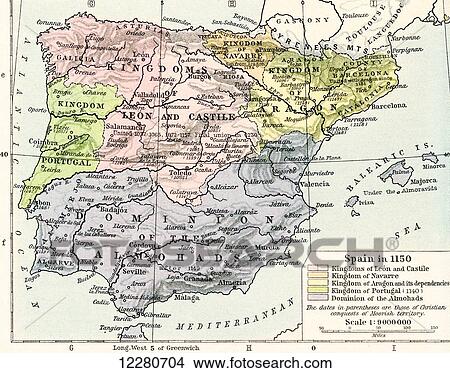 Map of Spain in 1150, showing the kingdoms of León and Castile, kingdom of Navarre, kingdoms of Aragon and its dependencies, kingdom of Portugal in 1140 and Dominion of the Almohads. From Historical Atlas, published 1923. View Large Photo Image Picture - Map of Spain in 1150, showing the kingdoms of León and Castile, kingdom of Navarre, kingdoms of Aragon and its dependencies, kingdom of Portugal in 1140 and Dominion of the Almohads. From Historical Atlas, published 1923.. Fotosearch