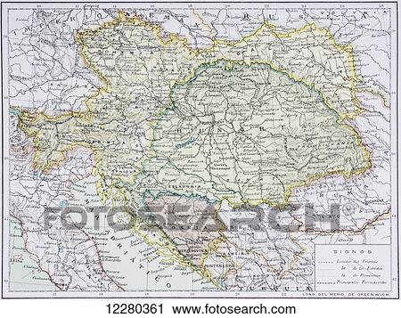 Stock Image - Map of the Austro-Hungarian empire at the turn of the 20th century. Map is in Spanish language. From Enciclopedia Ilustrada Seguí, published Barcelona circa 1910.. Fotosearch