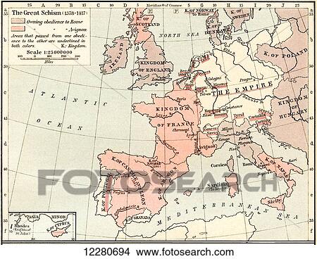 Map of The Western Schism, or Papal or Great Schism, 1378 - 1417, showing allegiance of European countries. From Historical Atlas, published 1923. View Large Photo Image Picture - Map of The Western Schism, or Papal or Great Schism, 1378 - 1417, showing allegiance of European countries. From Historical Atlas, published 1923.. Fotosearch