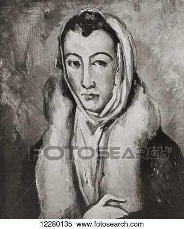 Stock Photography - Marie Cézanne with a fur boa, c. 1879. After a portrait by her brother Paul Cézanne. Marie Cézanne, 1841 -? Sister of Paul Cézanne. From Paul Cézanne, published 1935.. Fotosearch