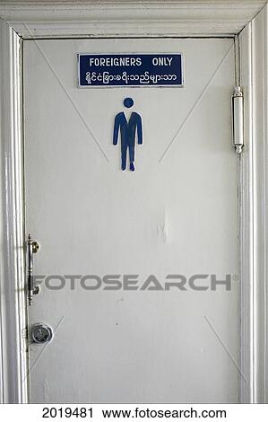 Stock Image - Mens Bathroom Door, Mandalay, Myanmar (Burma). Fotosearch