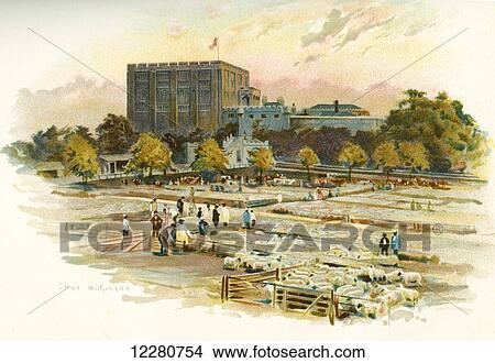Picture - Norwich Castle, Norwich, England, in the 19th century, with the cattle market in front. After a work by Charles Wilkinson. From The Century Edition of Cassell's History of England, published 1901.. Fotosearch