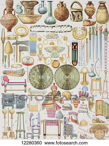 Stock Image - Objects of Assyrian art and industry. From Enciclopedia Ilustrada Seguí, published Barcelona circa 1910.. Fotosearch