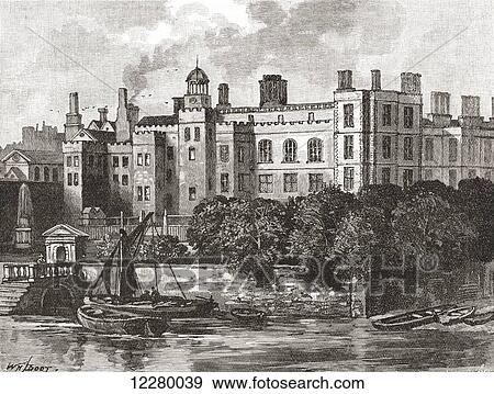 Stock Photo - Old Somerset House, London England in the early 18th century before being demolished in 1775. From The Century Edition of Cassell's History of England, published 1901.. Fotosearch