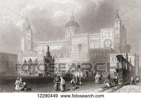 Stock Photo - Palermo Cathedral, Palermo, Sicily, Italy. From a 19th century engraving.. Fotosearch