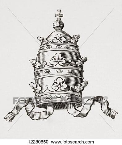 Stock Image - Papel Tiara, aka triregnum, triple tiara, or triple crown. From an 18th century print. Fotosearch