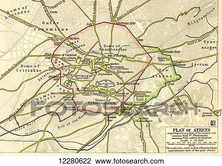 Stock Image - Plan of Athens, Greece c. 200 AD. From Historical Atlas, published 1923.. Fotosearch