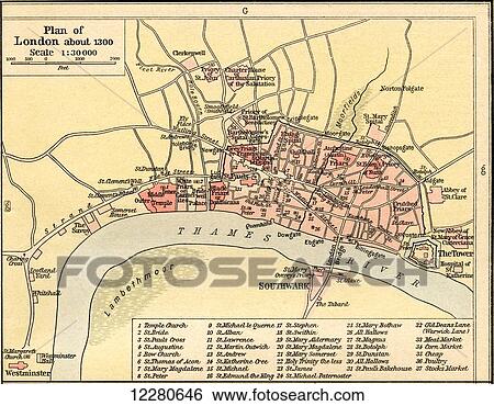 Stock Photograph - Plan of London, England c. 1300. From Historical Atlas, published 1923.. Fotosearch