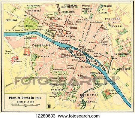 Stock Image - Plan of Paris, France in 1789. From Historical Atlas, published 1923.. Fotosearch