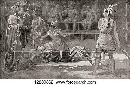 Stock Image - Pocahontas saving the life of John Smith in 1607. Captain John Smith, 1580 – 1631, Admiral of New England. English soldier, explorer and author. Pocahontas Matoaka, 1595-1617. Algonqiuan Indian princess. From The History of Our Country, published 1899. Fotosearch