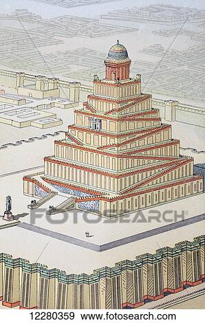 Stock Photo - Possible reconstruction of a Chaldean temple according to Charles Chipiez 1835-1901. French architect and historian of ancient architecture. From Enciclopedia Ilustrada Seguí, published Barcelona circa 1910.. Fotosearch