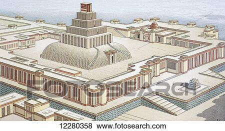 Stock Photo - Possible reconstruction of an Assyrian temple according to Charles Chipiez 1835-1901. French architect and historian of ancient architecture. From Enciclopedia Ilustrada Seguí, published Barcelona circa 1910.. Fotosearch