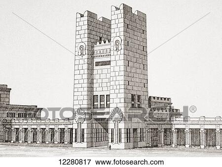 Stock Photo - Possible reconstruction of the southern entrance to the temple of Jerusalem according to Charles Chipiez 1835-1901. French architect and historian of ancient architecture. From Enciclopedia Ilustrada Seguí, published Barcelona circa 1910.. Fotosearch