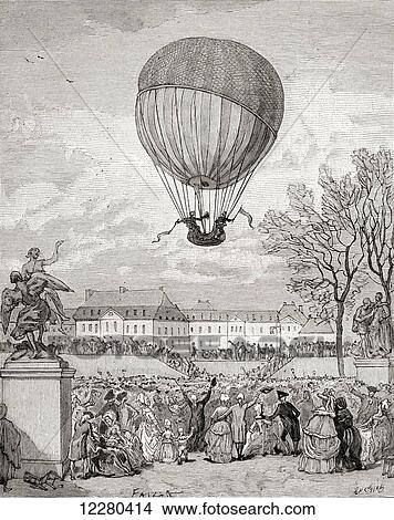Picture - Professor Jacques Charles and Nicolas-Louis Robert fly the world's first manned hydrogen balloon on 1 December 1783 at the Tuilleries Gardens, Paris, France. From Histoire de France, published c. 1880. Fotosearch