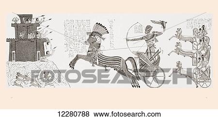 Stock Photo - Rameses II, 1279-13 BC, at the Battle of Kadesh, facing the army of Muwattali, King of the Hittites. After a wall painting from the Temple of Ramesses II, Abu Simbel, Nubia, Egypt. From Kunstgeschichte In Bildern, published 1902.. Fotosearch