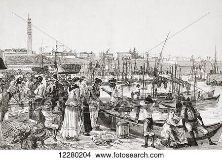 Picture - Rio de Janeiro, Brazil. A fish market in the port during the 19th century. From La Ilustracion Española y Americana, published 1892.. Fotosearch