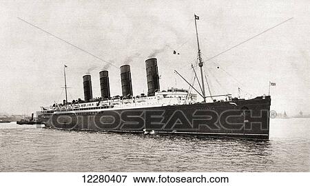Stock Photo - RMS Lusitania Cunard Line ocean liner, torpedoed and sunk by a German submarine in 1915, during World War One. From The Illustrated War News, published 1915.. Fotosearch