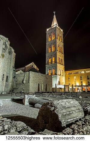 Roman ruins and the Tower of St Anastasia's Cathedral at night; Zadar, Croatia View Large Photo Image Stock Photograph - Roman ruins and the Tower of St Anastasia's Cathedral at night; Zadar, Croatia. Fotosearch