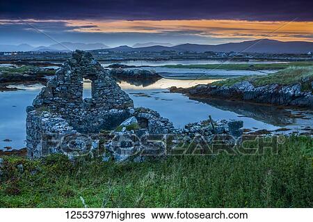 Ruins of a stone building at sunset on Mweenish Island, Wild Atlantic Way; Inishmore Island, County Galway, Ireland View Large Photo Image Stock Photograph - Ruins of a stone building at sunset on Mweenish Island, Wild Atlantic Way; Inishmore Island, County Galway, Ireland. Fotosearch