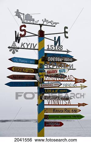 Stock Photograph - Sign Post Outside The Ukrainian Antarctic Research Station The Akademik Vernadsky At Marina Point, Galindez Island In The Argentine Islands, Antarctica. Fotosearch