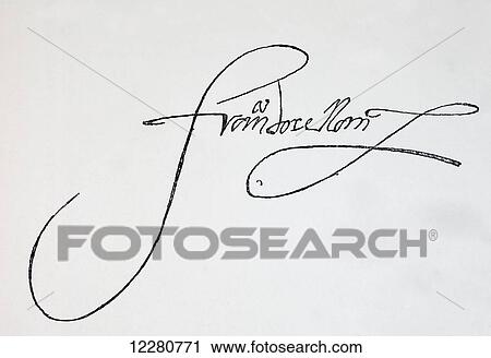 Stock Image - Signature of Francisco de Orellana, 1511 – 1546. Spanish explorer and conquistador. From La Ilustracion Española y Americana, published 1892.. Fotosearch