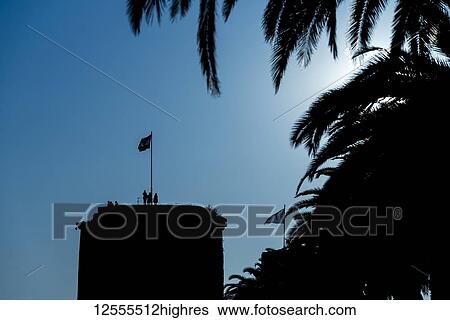 Stock Photograph - Silhouette of tower in the Kamerlengo Castle; Trogir, Croatia. Fotosearch