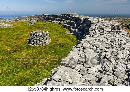 Stone wall and grass field with round stone structures, Wild Atlantic Way; Inishmaan Island, County Galway, Ireland View Large Photo Image Stock Photograph - Stone wall and grass field with round stone structures, Wild Atlantic Way; Inishmaan Island, County Galway, Ireland. Fotosearch