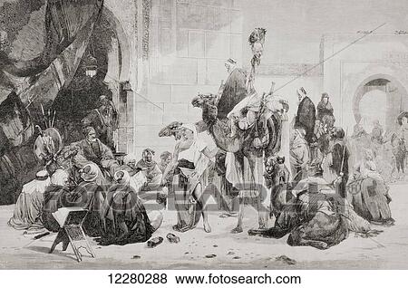 Stock Photo - Sultan Moulay Hassan is presented with the heads of Angherino rebels during the Angherite rebellion at Tangiers, Morocco in 1892. From La Ilustracion Española y Americana, published 1892.. Fotosearch